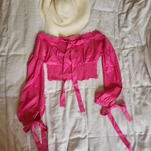 Shein cute barbie core hot pink smocked cropped off shoulder blouse with bows
